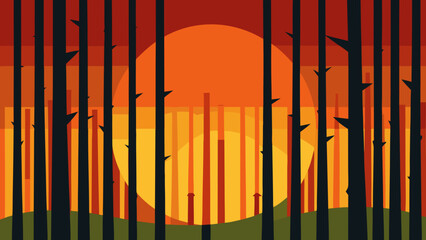 The Golden Sun Setting Majestically Behind A Dense And Lush Green Bamboo Forest
