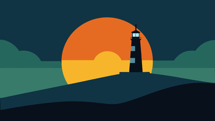 A Beautiful Sunset Scene With The Sun Setting Behind A Tall Solitary Lighthouse