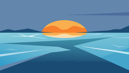 A Breathtaking Winter Sunset Scene Over A Vast And Cracked Frozen Lake Landscape