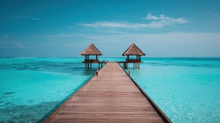 Wooden pier stretching into turquoise ocean with two thatched roof structures under a clear sky