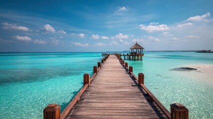Wooden pier extending over turquoise ocean water under a partly cloudy blue sky leading to a gazebo