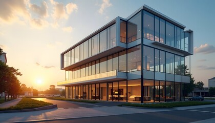 Obraz premium Modern Glass Office Building at Sunset