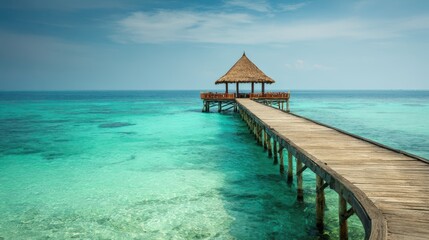 A wooden pier stretches over turquoise water toward a gazebo with a thatched roof in a tropical