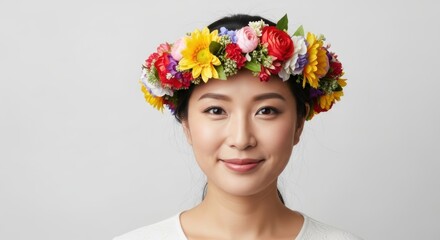 Asian female with floral headband smiling against white background