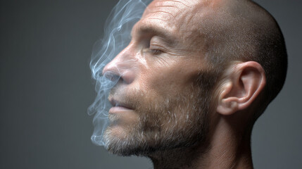 Fototapeta premium Man with closed eyes breathing out smoke in calm meditation, showing peaceful and relaxed expression