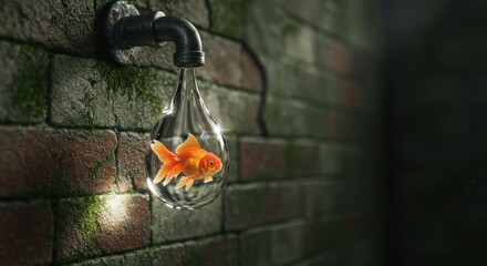 A goldfish trapped in a water droplet from an old faucet.