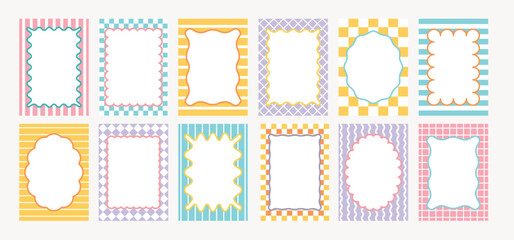 Wave edge frame. Doodle wavy borders. Retro abstract curved shaped frames with geometric patterns for social media, invitation, poster. Zigzag edges figures vector set