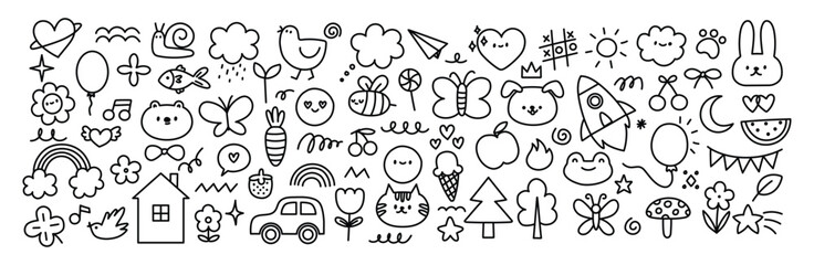 Cute kids drawing. Child doodle elements. Kindergarten naive pencil art, preschool sketch picture. Funny children crayon flowers, animals, hearts, rainbow, sun. Vector set