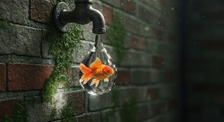 A Goldfish in a Water Drop Hanging from an Old Faucet