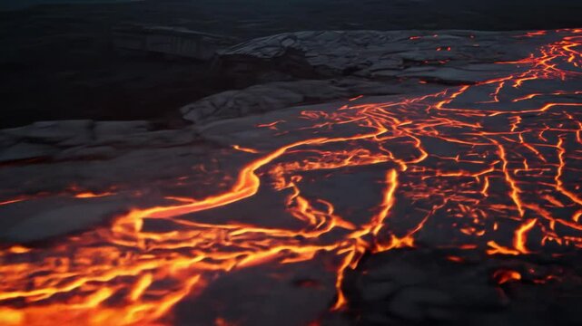 Lava flowing and crackling into ancient cuneiform script on dark basalt altar, volcanic landscape representing ancient writing evolution