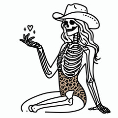 Fototapeta premium Cowgirl Female skeleton with leopard print Proposal Pose. Cowboy Western American Cartoon Animal Clipart Line Art Vector Illustration. woman bones spotted pattern marriage offer gesture.