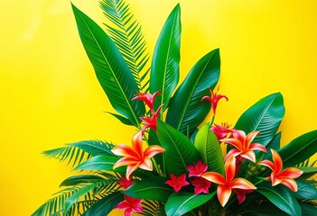 Vibrant tropical foliage & blooms against sunny yellow backdrop, leaves, holiday