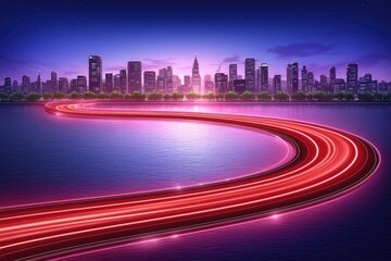 Obraz premium A glowing red road curves around the city skyline, with bright lights on both sides of it. The background is an elegant purple sky and blue water surface, creating a magnificent urban landscape