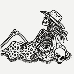 Fototapeta premium Cowgirl Female skeleton with leopard print Sharing a Blanket. Cowboy Western American Cartoon Animal Clipart Line Art Vector Illustration. .