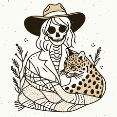 Cowgirl Female skeleton with leopard print Sharing a Blanket. Cowboy Western American Cartoon Animal Clipart Line Art Vector Illustration. .