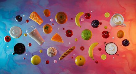 A vibrant array of fresh fruit, pastries, and creamy lattes float against a colorful, swirling backdrop, evoking a playful and delicious mood
