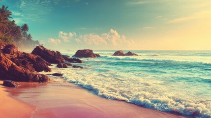 Turquoise ocean waves approaching a sandy beach with large rocks and tropical palm trees under a