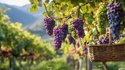 Clusters of ripe purple and green grapes hang above a wicker basket in a lush vineyard setting under