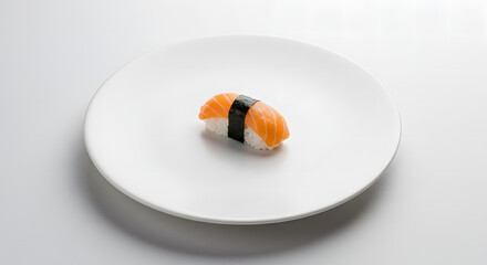 A single piece of salmon nigiri rests delicately on a pristine white plate, embodying minimalist elegance and culinary purity