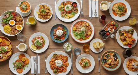A vibrant overhead shot showcases a table laden with diverse, delicious Italian dishes, creating a scene of cheerful abundance and culinary delight