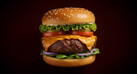 A juicy cheeseburger with melted cheddar, crisp lettuce, tomato, and onion, sits against a dark background, conveying a sense of delicious indulgence