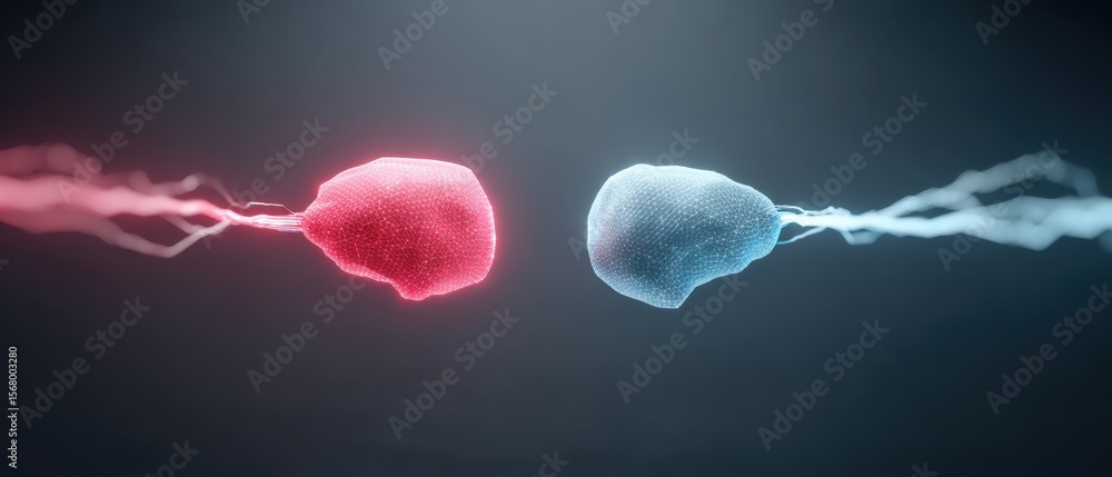Poster dynamic collision of red and blue particles abstract science concept digital art environment close-u