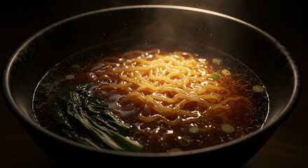 Steaming bowl of ramen noodles with bok choy in a dark, moody setting, evoking a sense of warmth and comfort