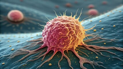 Breast cancer cell, and tumor concept. Microscopic view of a cancer cell with intricate details.