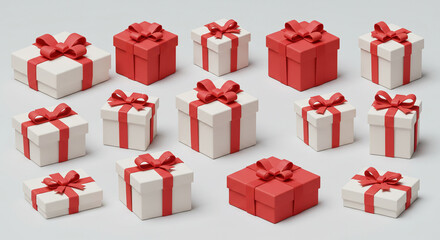Fototapeta premium Festive red and white gift boxes with bows create a cheerful holiday scene perfect for seasonal greetings or celebratory designs.