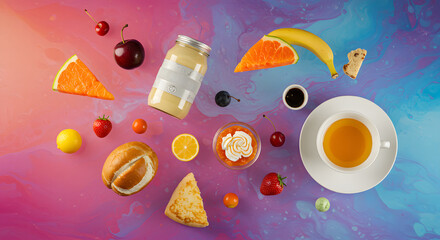 A vibrant flatlay showcasing a delightful breakfast spread with creamy dessert, fresh fruit, bread, and a cup of tea on a colorful marbled background
