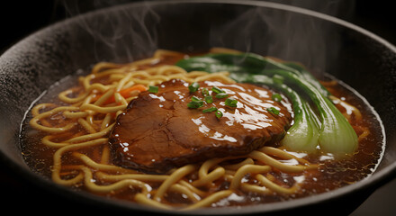 Steaming bowl of savory beef noodle soup, garnished with bok choy, creating a warm and inviting culinary scene