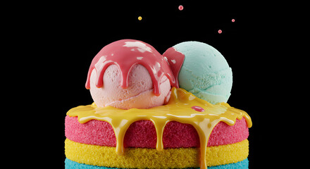 Two scoops of strawberry and mint ice cream with yellow sauce dripping onto a colorful layered sponge cake, creating a vibrant and playful dessert scene
