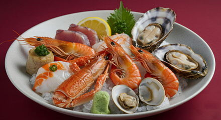 Fresh seafood platter featuring succulent prawns, oysters, clams, and sashimi, artfully arranged on ice with lemon and herbs, conveying a luxurious and vibrant dining experience