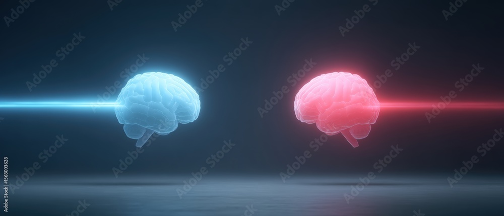 Aufkleber mind battles conflict of blue and red brain concepts digital space 3d visualization futuristic envir
