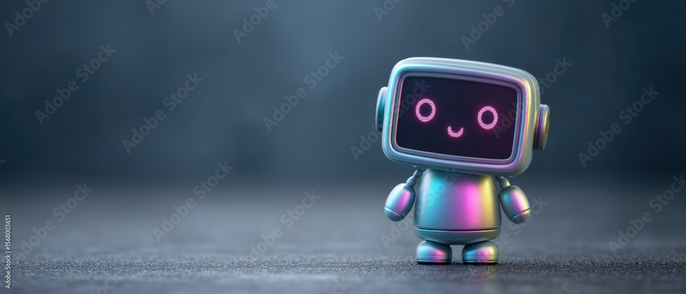 Poster playful robot character digital studio 3d render futuristic environment close-up whimsical technolog