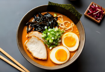 Top view of hot Japanese ramen noodle soup with soft-boiled egg, sliced pork, scallions, and seaweed (nori). Served in a ceramic bowl with chopsticks and minimal background.