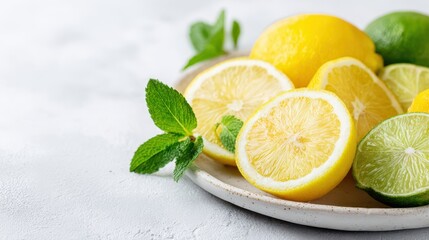 Sliced and whole lemons with limes are presented on a plate garnished with fresh green mint leaves