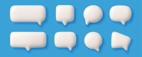 3d speech bubble. Chat talk boxes, dialog conversation shapes, cartoon white thinking bubbles, oval and rectangular thought clouds. Social media chat message. 3D soft render vector set