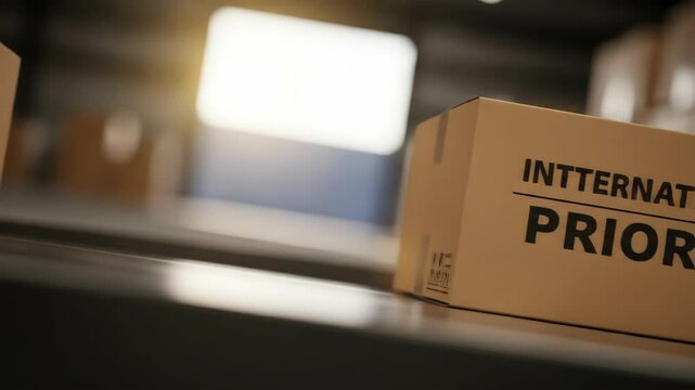 Priority International Shipping Boxes on Automated Conveyor Belt in a Logistics Warehouse with Blurred Background Under Bright Studio Lighting