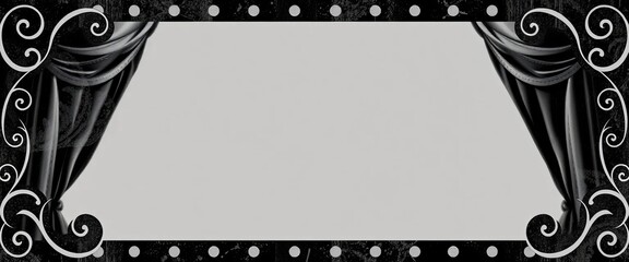 Vintage silent film end screen border; Victorian scrolls, grunge texture, black and white, movie theater frame, film reel, retro cinema, silent film, retro