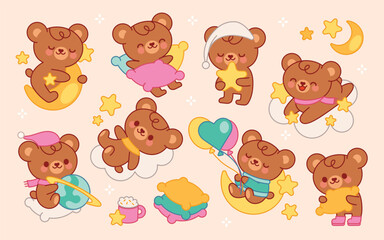 Cartoon cute bear. Kawaii funny relaxing bears. Little animals sleeping on clouds, happy teddy characters with stars, moon, pillow. Baby teddy bears dreaming on cloud. Vector collection