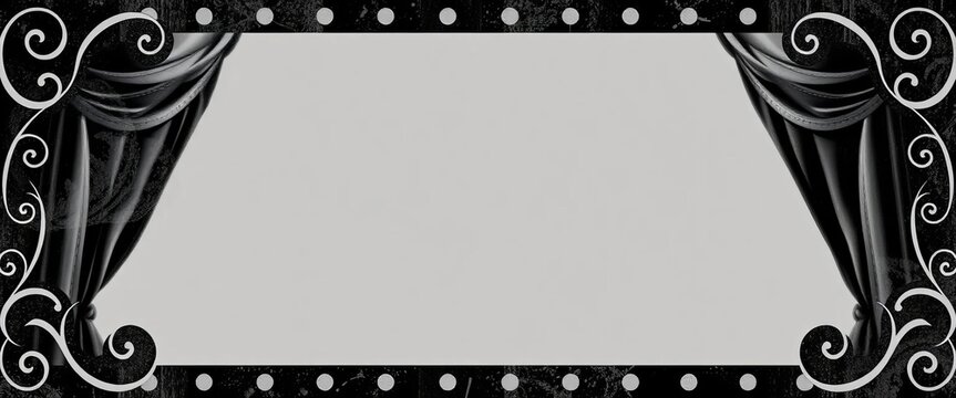 Vintage silent film end screen border; Victorian scrolls, grunge texture, black and white, movie theater frame, film reel, retro cinema, silent film, retro