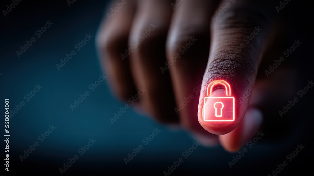 Poster close-up of a human finger with a neon lock symbol representing security and privacy in digital worl