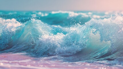 Close up of a turquoise ocean wave cresting with visible splashes and pink sand at the water's edge