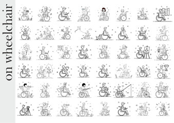 Illustrations of people on wheelchairs expressing various activities and emotions