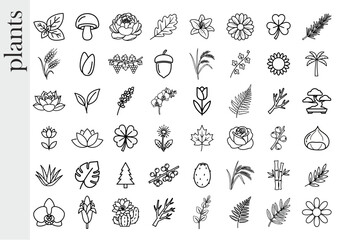 Assorted botanical illustrations of plants, flowers, and nature elements in black and white