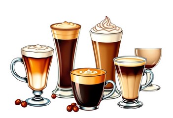 Vintage-style hand-drawn illustration of various coffee drinks; latte art, espresso, cappuccino,  coffee shop,  bar