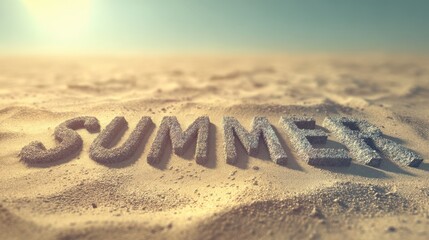 The word 'Summer' formed from sand is sitting on a sandy surface under a bright hazy sky at daytime