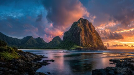 Scenic view of rugged mountains meeting the ocean under a dramatic sunset sky filled with colorful