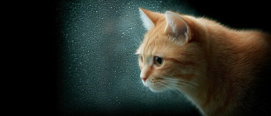 Focused orange cat gazes through rainy window indoor setting pet photography cozy environment side...